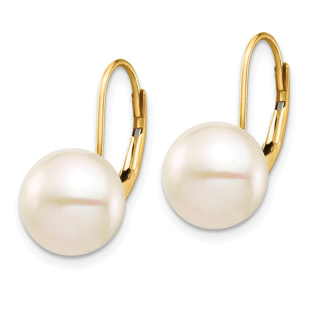 14K 9-10Mm White Button Freshwater Cultured Pearl Leverback Earrings XF716E