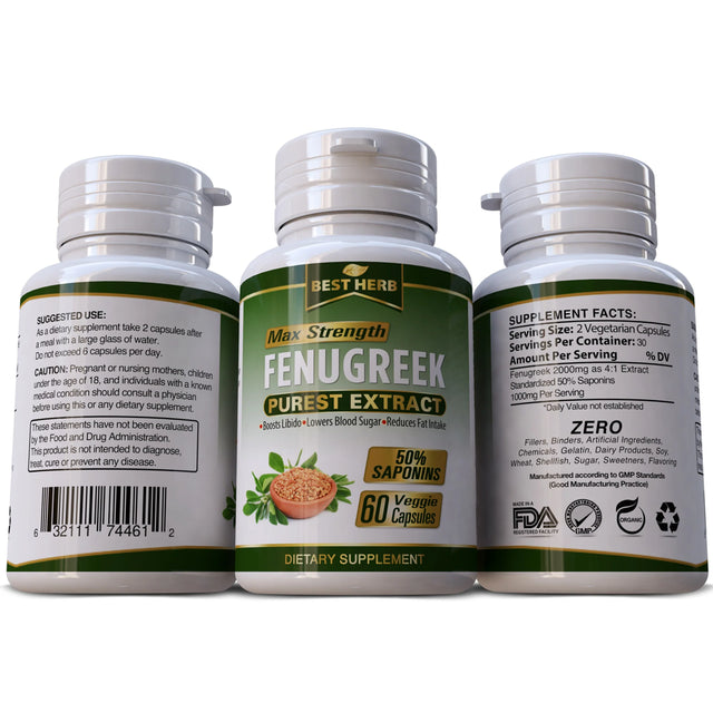 Pure Fenugreek Extract Herbal Supplement Pills 1000Mg for Men Women - 60 Capsules