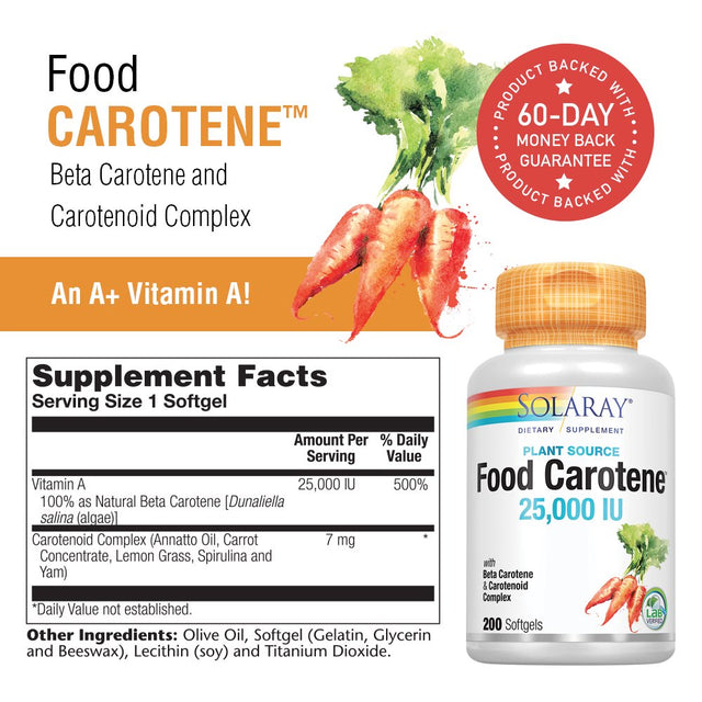 Solaray Food Carotene, Vitamin a as Beta Carotene 25000IU | Carotenoids for Healthy Skin & Eyes, Antioxidant Activity & Immune System Support | 200Ct