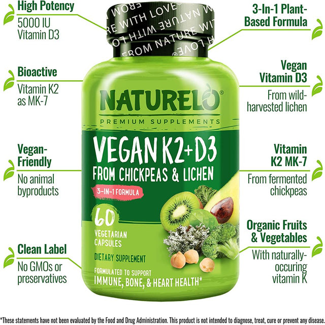 NATURELO Vegan K2+D3 - Plant Based D3 from Lichen - Natural D3 Supplement for Immune System, Bone Support, Joint Health - Whole Food - Vegan - Non-Gmo - Gluten Free (60 Count (Pack of 1))