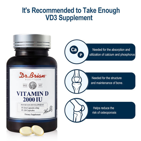 Dr.Brian Vitamin D3 2000IU Softgels 150 Count High Potency Vitamin D Supplement for Immune Support, Healthy Bones and Muscle Function, Improve Absorption and Utilization of Calcium and Phosphorus