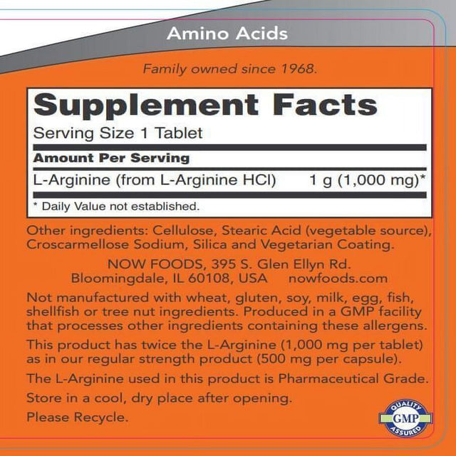 NOW Foods, L-Arginine 1,000 Mg, Nitric Oxide Precursor*, 120 Tablets - 2 Packs