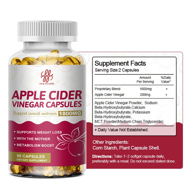 Imatchme Apple Cider Vinegar Capsules Supplement 1800Mg | 60 Pills | Non-Gmo, Gluten Free