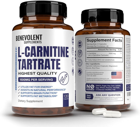 Premium L-Carnitine Tartrate Supplement - 1500Mg - Utilize Fat for Energy with Tartrate, Lean Muscle Gain, Boost Natural Energy, Support Metabolism & Fatigue, 120 Non-Gmo Pure L Carnitine Capsules