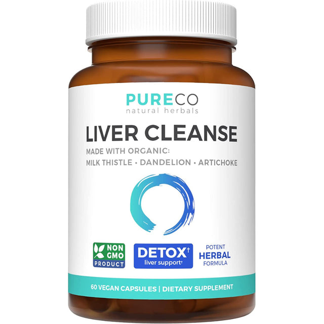 Pure Co Organic Liver Cleanse and Detox with Potent Milk Thistle Extract (80% Silymarin), Dandelion Root, Artichoke Leaf, Yellow Dock - Rescue Support Formula - 60 NON GMO Vegan Capsules