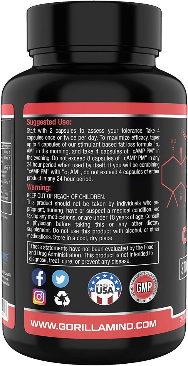 Gorilla Mind Camp PM Fat Burner Capsules – Stimulant-Free Fat Loss Formula/Suppresses Appetite, Increased Fat Loss, No Jitters (120 Capsules)