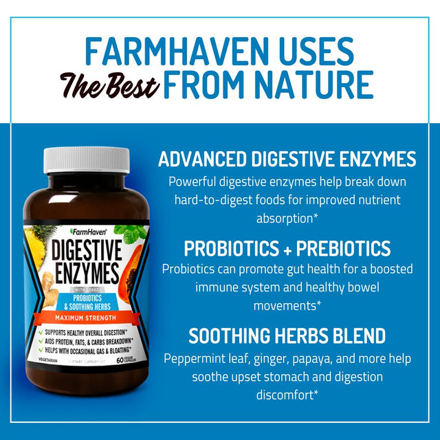 Farmhaven Digestive Enzymes with 12 Probiotics & 6 Soothing Herbs | Bromelain, Protease, Papaya & More Support Healthy Digestion