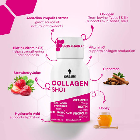 BEE and YOU Collagen Liquid Shot Drink with Vitamin C, Hyaluronic Acid, Biotin - Promotes Skin, Hair, Nail and Joint Health, 1.69 Fl. Oz X 12 Bottles