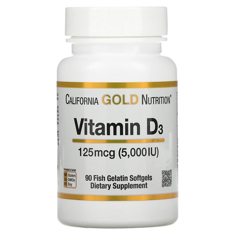 Vitamin D3 Supplement by California Gold Nutrition - Support for Healthy Bones & Teeth - Immune System Support - Gluten Free, Non-Gmo - 125 Mcg (5,000 IU) - 90 Fish Gelatin Softgels