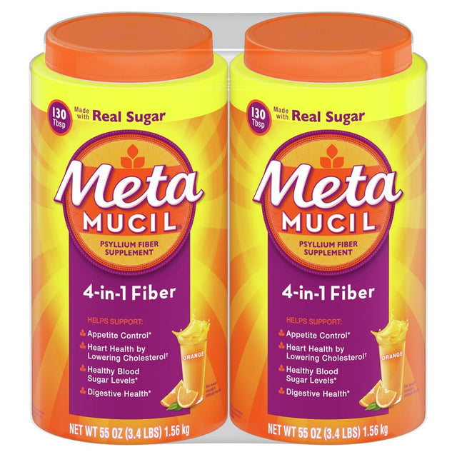 Metamucil Psyllium Fiber Supplement, 4-In-1 Fiber, Real Sugar Powder, Orange, 55 Oz, Twin Pack