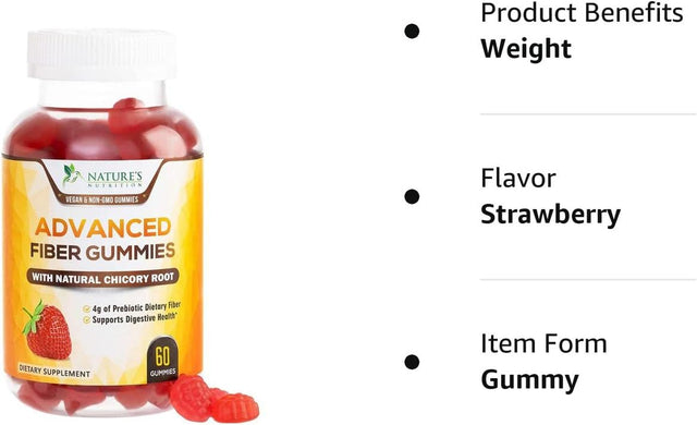 Nature'S Fiber Gummies 4G, Daily Prebiotic Gummy Fiber Supplement, Digestive Health Support - Supports Regularity & Digestion for Adults, Plant Based Soluble Fiber, Non-Gmo - 60 Gummies