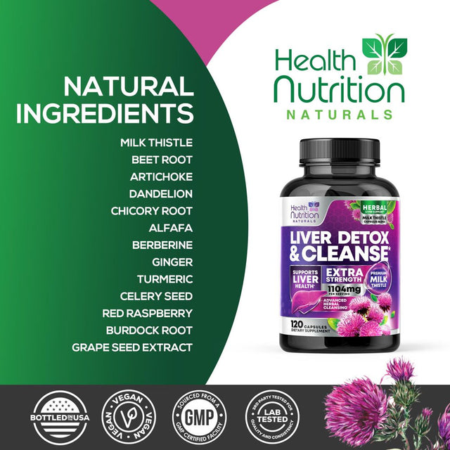 Gentle Liver Cleanse Detox & Repair Formula - Herbal Liver Support Supplement: Milk Thistle with Silymarin, Artichoke Extract, Dandelion, Beet, Chicory Root, & Turmeric for Liver Health - 120 Capsules