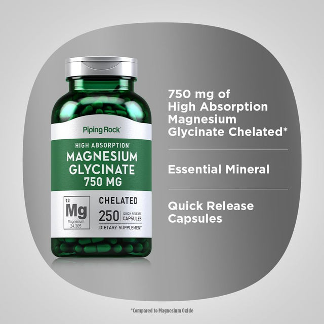 Magnesium Glycinate 665 Mg | 250 Capsules | Buffered Formula | by Piping Rock