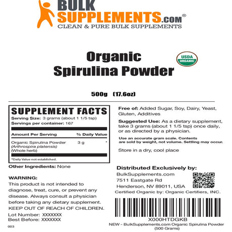 Bulksupplements.Com Organic Spirulina Powder, 3G - Superfood, Nutrient-Rich Powder (500G - 167 Servings)