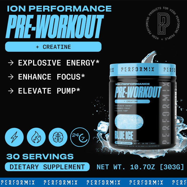 PERFORMIX - ION Pre Workout - Increase Pump, Energy & Endurance - 200 Mg of Caffeine - Creatine Monohydrate - Nitric Oxide - Beta Alanine - Amino Acids - No Crash or Jitters - Blue Ice - 30 Servings