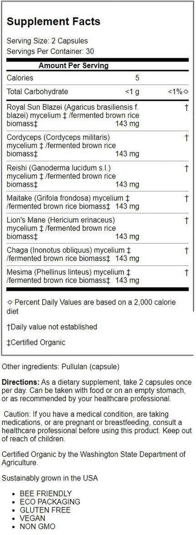 Stamets 7- Daily Immune Support with Organic Mushroom Blend (60 Vegetarian Capsules)