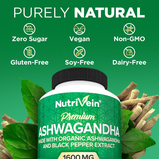 Nutrivein Organic Ashwagandha Capsules 1600Mg - 120 Vegan Pills - for Stress and Anxiety Relief - Herbal Supplements