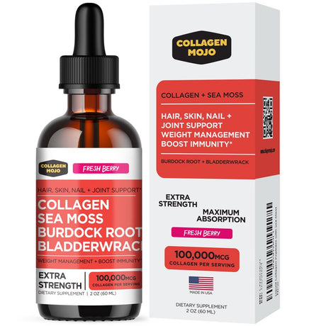 Liquid Collagen Peptides with Sea Moss, Burdock Root & Bladderwrack - High Potency/Absorption Formula. Hair, Skin, Nail + Joint Support. Weight Management & Immunity Booster – Collagen Mojo - 2 Oz.