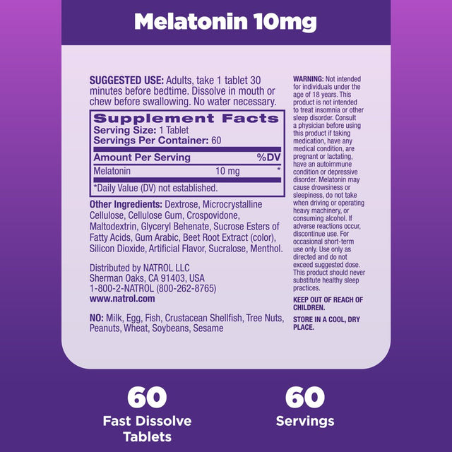 Natrol Melatonin Fast Dissolve Sleep Aid Tablets, Strawberry, 10Mg, 60 Count