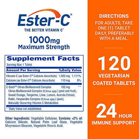 Ester-C Vitamin C 1000 Mg Coated Tablets, 120 Count, Immune System Booster, Stomach-Friendly Supplement, Gluten-Free