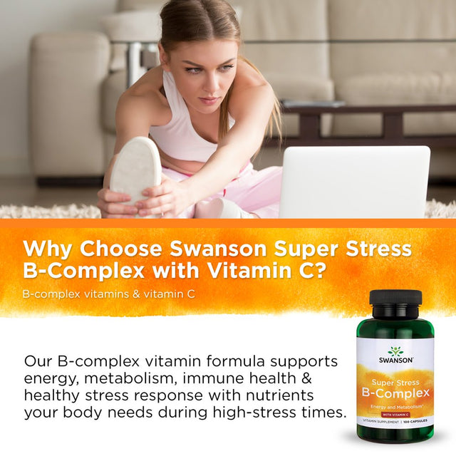 Swanson Super Stress B-Complex with Vitamin C Capsules, 100 Count