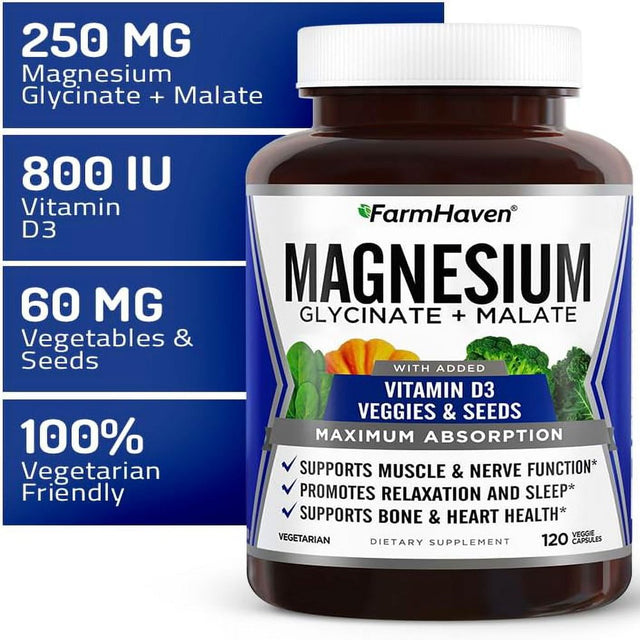 Farmhaven Magnesium Glycinate & Malate Complex W/Vitamin D3, 100% Chelated for Max Absorption, Vegetarian Bone Health, Nerves, Muscles, 120 Capsules, 60 Days Magnesium 120 Count (Pack of 1)