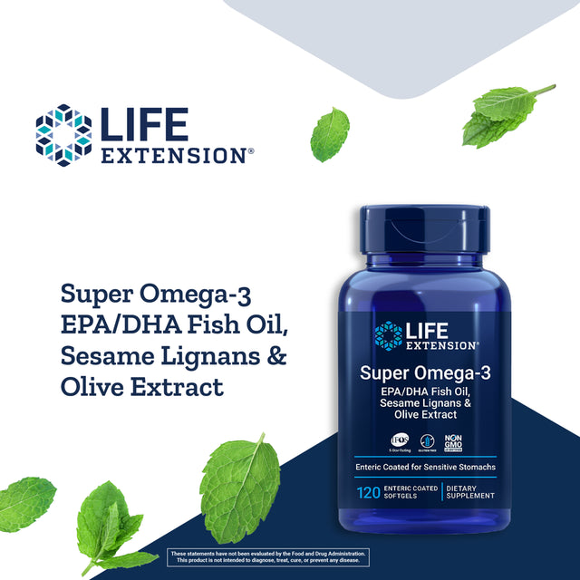 Life Extension Super Omega-3 EPA/DHA Fish Oil, Sesame Lignans & Olive Extract - IFOS Certified Fish Oil Blend Supplement for Heart, Brain & Joint Support –Gluten-Free, Non-Gmo – 120 Softgels