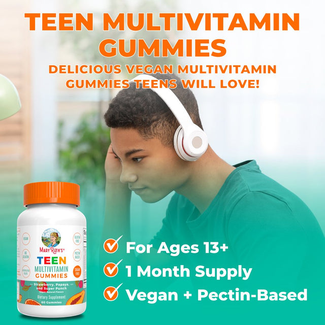 Maryruth Organics | Teen Multivitamin Gummies for Ages 13+ | Vitamins C, D, E, Zinc, and B Vitamins | Immune Support, Energy Boost, Skin & Hair Health | 60 Count