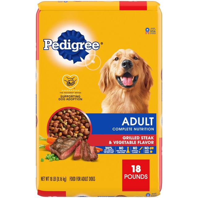 (4 Pack) PEDIGREE Complete Nutrition Grilled Steak & Vegetable Dry Dog Food for Adult Dog, 18 Lb. Bag