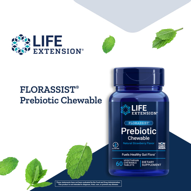 Life Extension FLORASSIST® Prebiotic Chewable (Strawberry) - Prebiotic Supplement Provides Fuel for Gut Flora - Gluten-Free, Non-Gmo - 60 Vegetarian Chewable Tablets