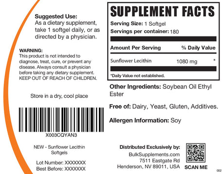 Bulksupplements.Com Sunflower Lecithin Softgels, 1080Mg - Promotes Healthy Skin (180 Softgels - 180 Servings)