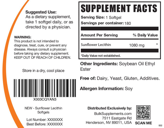 Bulksupplements.Com Sunflower Lecithin Softgels, 1080Mg - Promotes Healthy Skin (180 Softgels - 180 Servings)