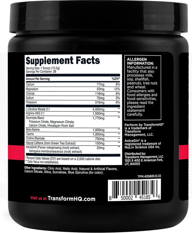 Transformhq Pre-Workout 28 Servings - Perform - Gluten Free, Non-Gmo (Blue Raspberry)