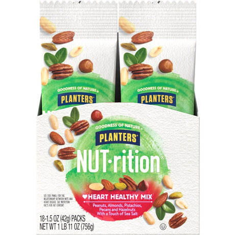 PLANTERS NUT-RITION Heart Healthy Mix with Peanuts, Almonds, Pistachios, Pecans, Hazelnuts & Sea Salt, 1.5 Oz Bag (Pack of 18)