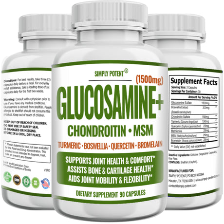 Glucosamine with Chondroitin, Turmeric, MSM & Boswellia, Supports Joint Health & Discomfort Relief, Assists Bone and Cartilage Health, Supplement for Back, Knees, Hands, 90 Capsules