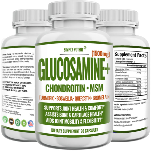 Glucosamine with Chondroitin, Turmeric, MSM & Boswellia, Supports Joint Health & Discomfort Relief, Assists Bone and Cartilage Health, Supplement for Back, Knees, Hands, 90 Capsules