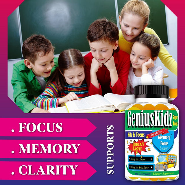 Geniuskidz Brain Focus Supplement Kids Focus and Attention Supplements Brain Booster Vitamins for Kids,Omega 3 Gummies for Kids & Teens- 60Ct