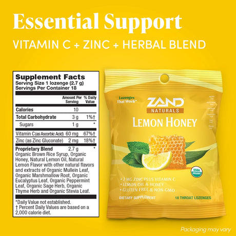 Zand Immunity Organic Lemon Honey Herbalozenge | Immune Support Throat Drops W/ Vitamin C & Zinc ('18 Count (Pack of 1))