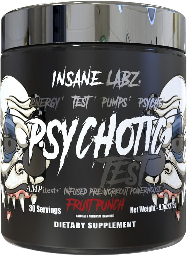 Insane Labz Psychotic Test, High Stim Testosterone Energy and Pump Boosting Pre-Workout Powder with DMAE Bitartrate, D Aspartic Acid, Creatine HCL and Glycerol Monostearate, 30 Servings, Fruit Punch