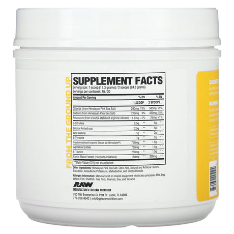 RAW Pump Stim Free Pre Workout | Non-Stimulant Pre Workout Supplement Powder Nitric Oxide Booster | Pre Workout Supplements Drink for during Workout | (40 Servings) (Lemonade)