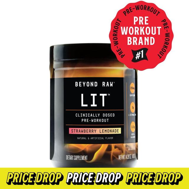 LIT | Clinically Dosed Pre-Workout Powder | Contains Caffeine, L-Citrulline, Beta-Alanine, and Nitric Oxide | Strawberry Lemonade | 30 Servings