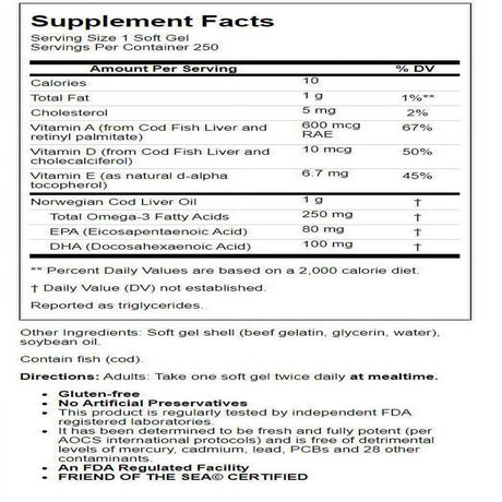 Carlson - Cod Liver Oil Gems, Super 1000 Mg, 250 Mg Omega-3S + a & D3, Norwegian, Wild Caught, 250 Softgels