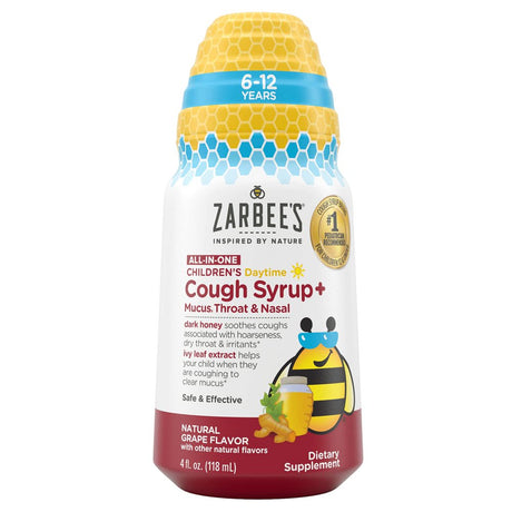 Zarbee’S Kids All-In-One Daytime Cough for Children 6-12 with Dark Honey, Turmeric, B-Vitamins & Zinc, #1 Pediatrician Recommended, Drug & Alcohol-Free, Grape Flavor, 4FL Oz (Pack of 24)