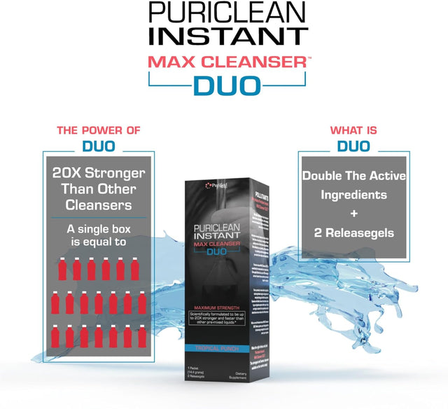 Wellgenix Puriclean Instant Max Cleanser Duo, 20X Stronger Fast Acting Powder & Softgels, Tropical Punch Flavor, Premium Herbal Cleanse Detox, Ideal for Extreme Toxin Levels, 1 Packet & 2 Releasegels