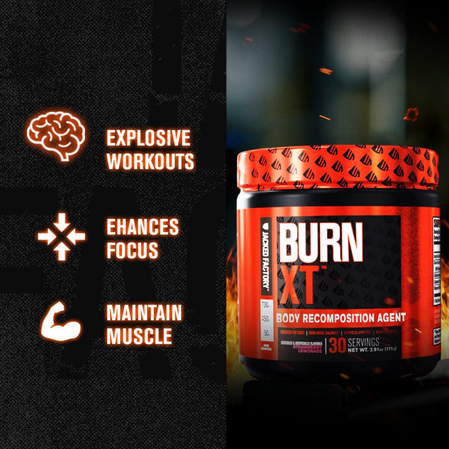 Jacked Factory Burn-Xt Powder for Men & Women - Improve Focus & Increase Energy - Premium Acetyl L-Carnitine, Green Tea Extract, Capsimax Cayenne Pepper, & More - 30 Sv, Strawberry Lemonade