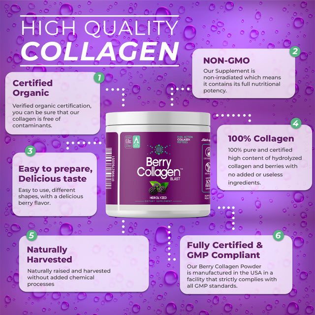 Berry Collagen Blast Powder Hydrolyzed (1) |Premium Blend Grass-Fed - Soy Free | Dual Action Collagen Peptides | Support Bones and Joints | Blueberry & Blackberry | IGEN GMO - 204 Grams