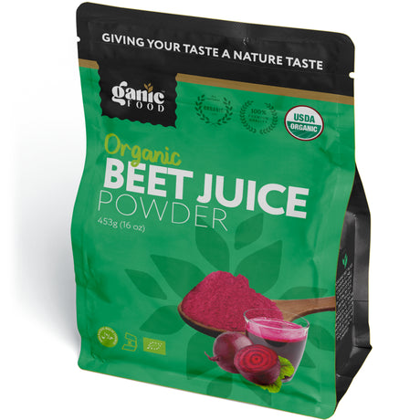 Organic Beet Root Juice Powder by Ganic Food | Cold Pressed and Water Soluble Beet Juice | USDA Organic Beet Juice Pre-Workout Concentrated Powder | Contains Natural Nitrates Acid for Energy & Immune