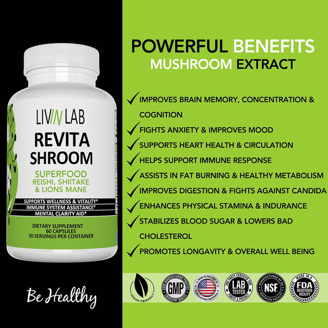 Livin Lab Revita Shroom | Superfood Promoting Health and Wellbeing | Increase Endurance | Improves Brain Memory and Concentration | 60 Veggies Caps | US Made