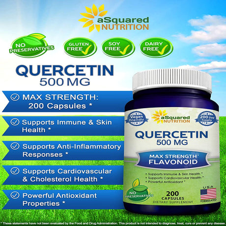 Quercetin 500Mg Supplement - 200 Capsules - Quercetin Dihydrate to Support Cardiovascular Health - Max Strength Powder Complex Pills to Help Improve Anti-Inflammatory & Immune Response