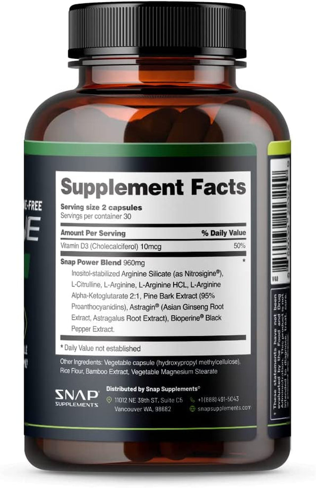 Snap L Arginine Capsules - Blood Circulation Supplements with Nitrosigine & L Citrulline for Natural Energy, Increase Blood Flow & Muscle Growth, Herbs for Cardio Health (60 Capsules)